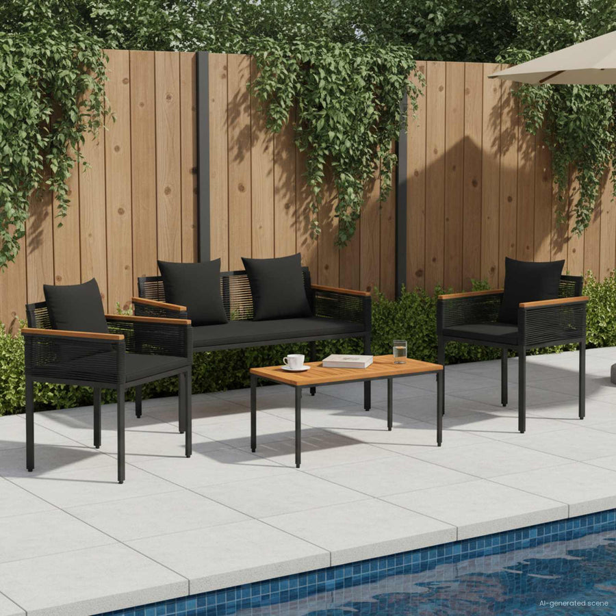 Buitenmeubelset met kussen 4 pcs Zwart PE Rattan