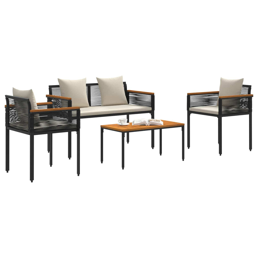 Buitenmeubelset met kussen 4 pcs Zwart en Cream Wit PE Rattan