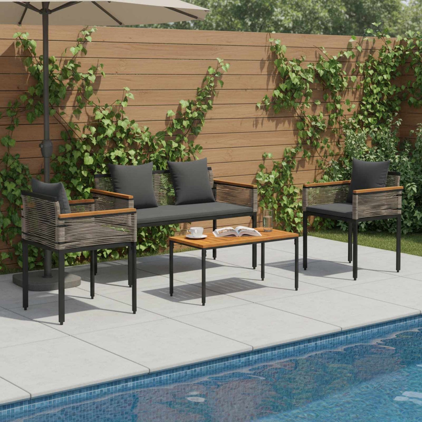 Buitenmeubelset met kussen 4 pcs Grijs en Donkergrijs PE Rattan