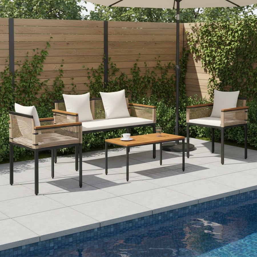 Buitenmeubelset met kussen 4 pcs Beige en Crème Wit PE Rattan