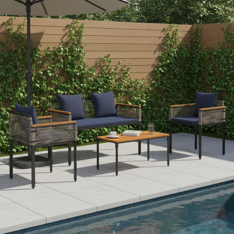 Buitenmeubelset met kussen 4 pcs Grijs en Marineblauw PE Rattan