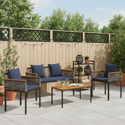 Buitenmeubelset met kussen 4 pcs Grijs en Marineblauw PE Rattan
