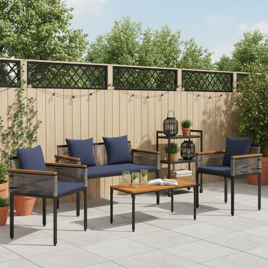 Buitenmeubelset met kussen 4 pcs Grijs en Marineblauw PE Rattan