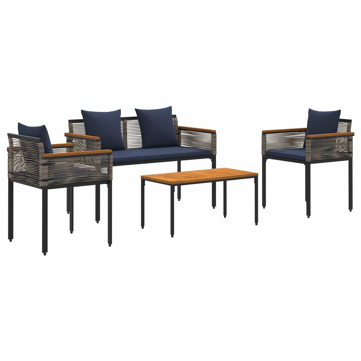 Buitenmeubelset met kussen 4 pcs Grijs en Marineblauw PE Rattan