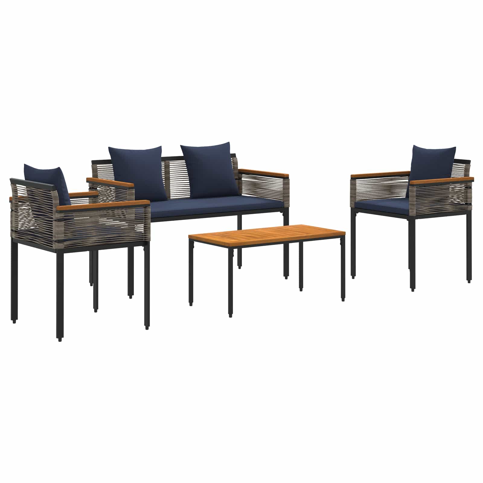 Buitenmeubelset met kussen 4 pcs Grijs en Marineblauw PE Rattan