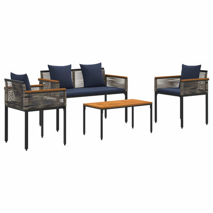 Buitenmeubelset met kussen 4 pcs Grijs en Marineblauw PE Rattan