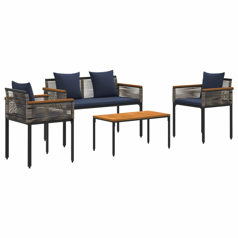 Buitenmeubelset met kussen 4 pcs Grijs en Marineblauw PE Rattan