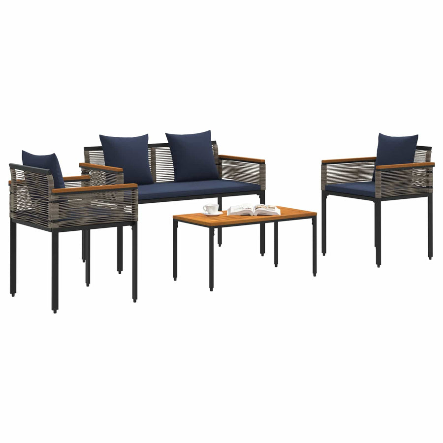 Buitenmeubelset met kussen 4 pcs Grijs en Marineblauw PE Rattan