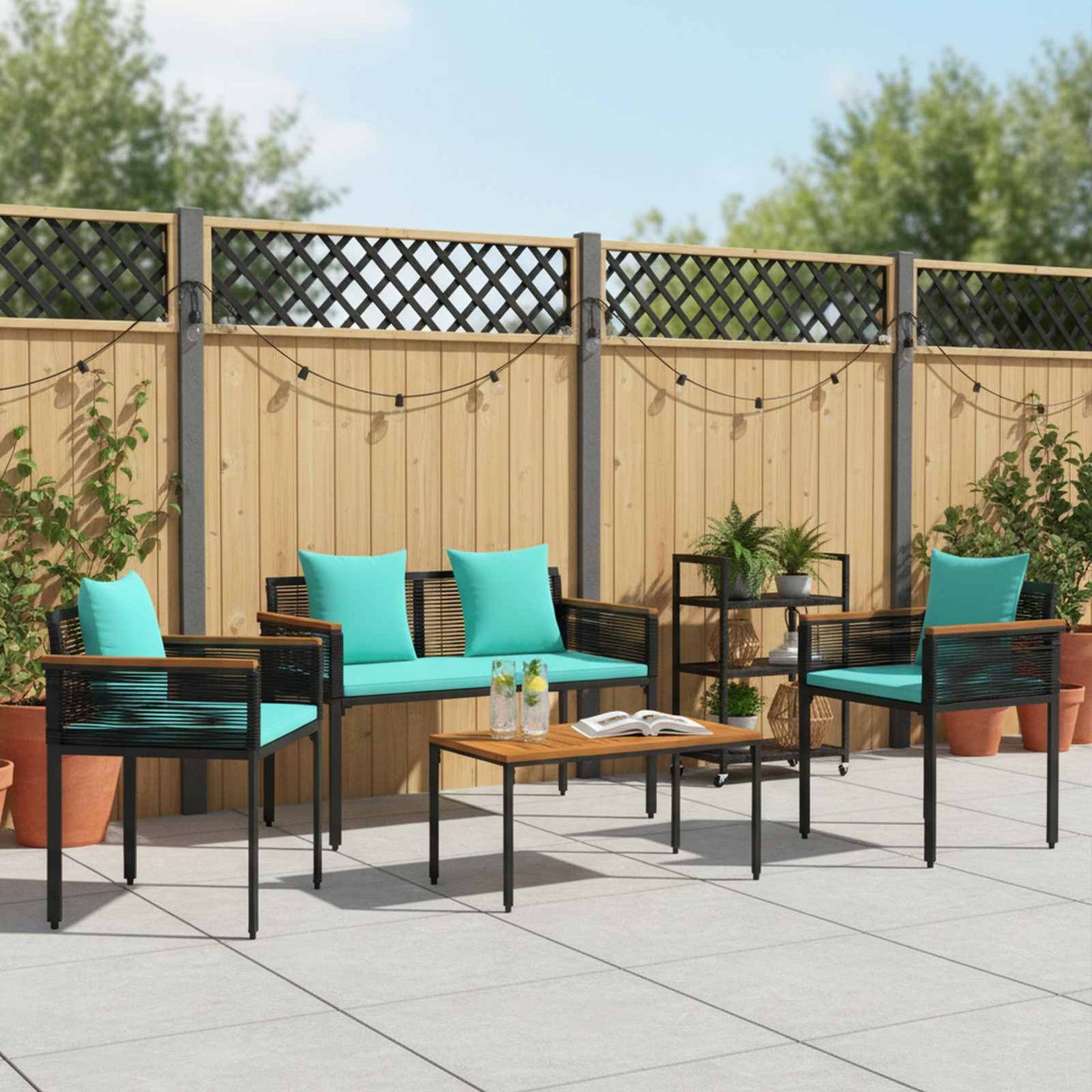 Buitenmeubelset met kussen 4 pcs Zwart en Turquoise PE Rattan