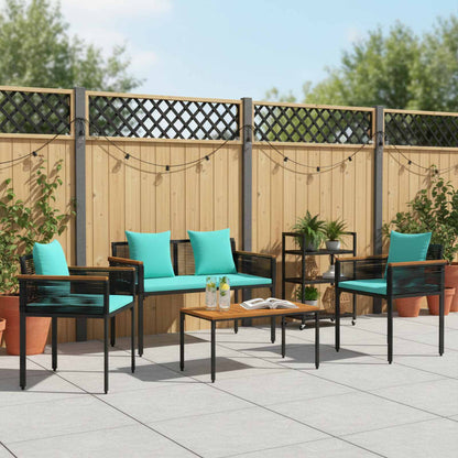 Buitenmeubelset met kussen 4 pcs Zwart en Turquoise PE Rattan