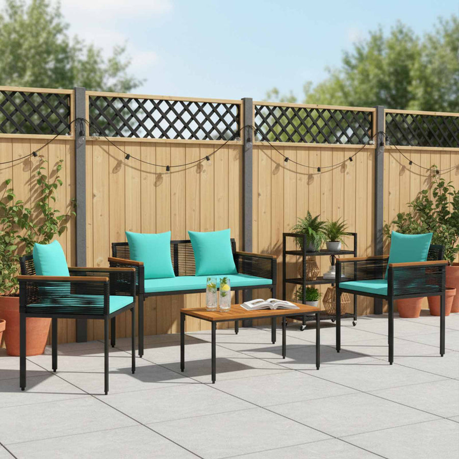 Buitenmeubelset met kussen 4 pcs Zwart en Turquoise PE Rattan