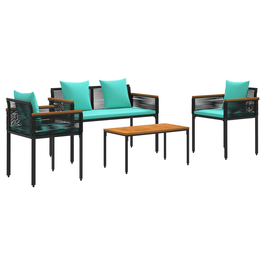 Buitenmeubelset met kussen 4 pcs Zwart en Turquoise PE Rattan