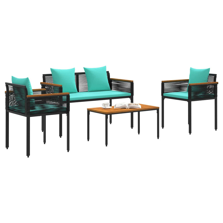 Buitenmeubelset met kussen 4 pcs Zwart en Turquoise PE Rattan