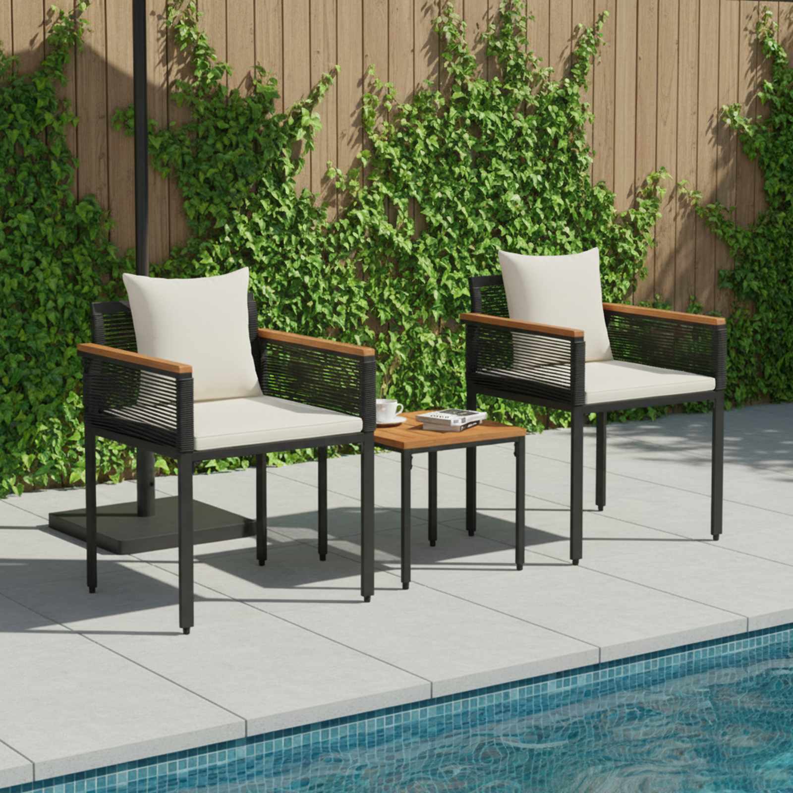 Buitenmeubelset met kussen 3 pcs Zwart en Cream Wit PE Rattan