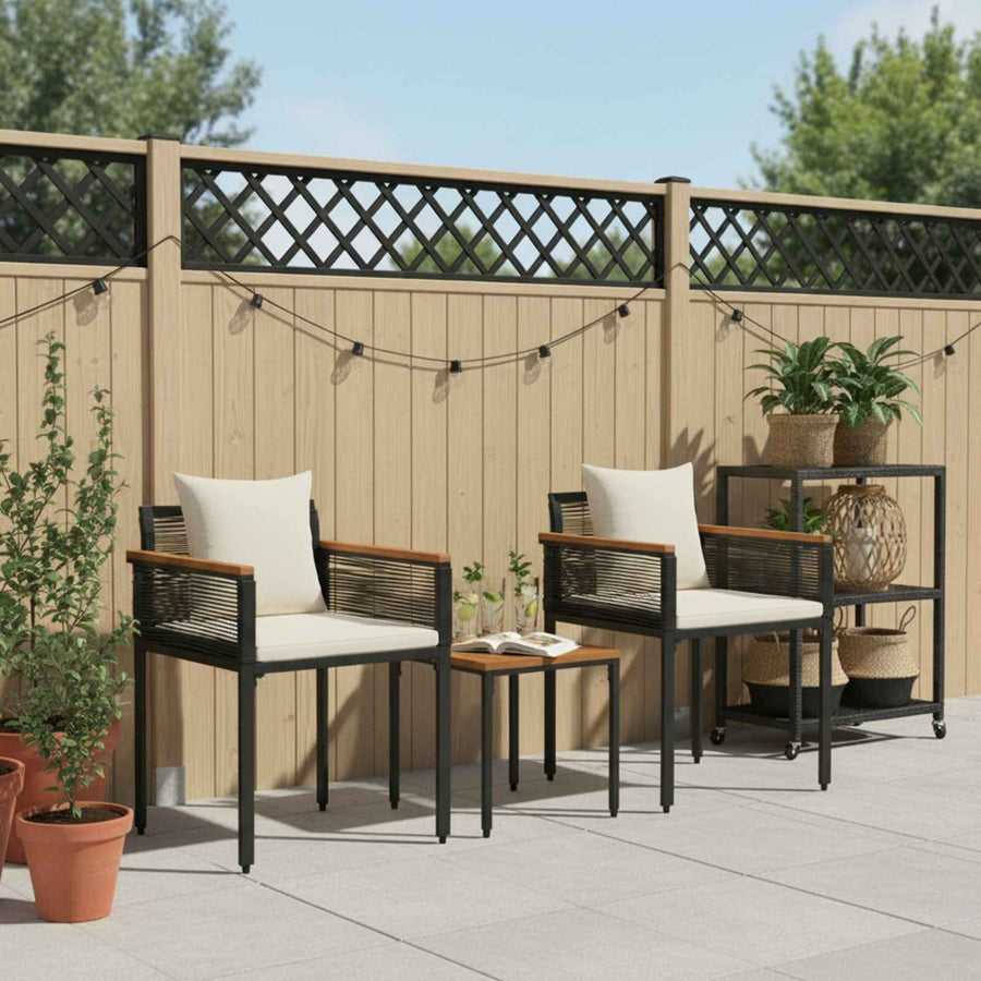 Buitenmeubelset met kussen 3 pcs Zwart en Cream Wit PE Rattan