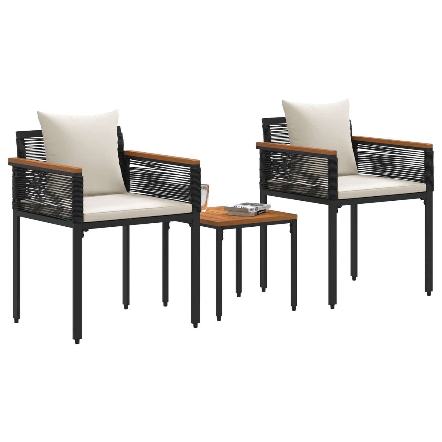 Buitenmeubelset met kussen 3 pcs Zwart en Cream Wit PE Rattan