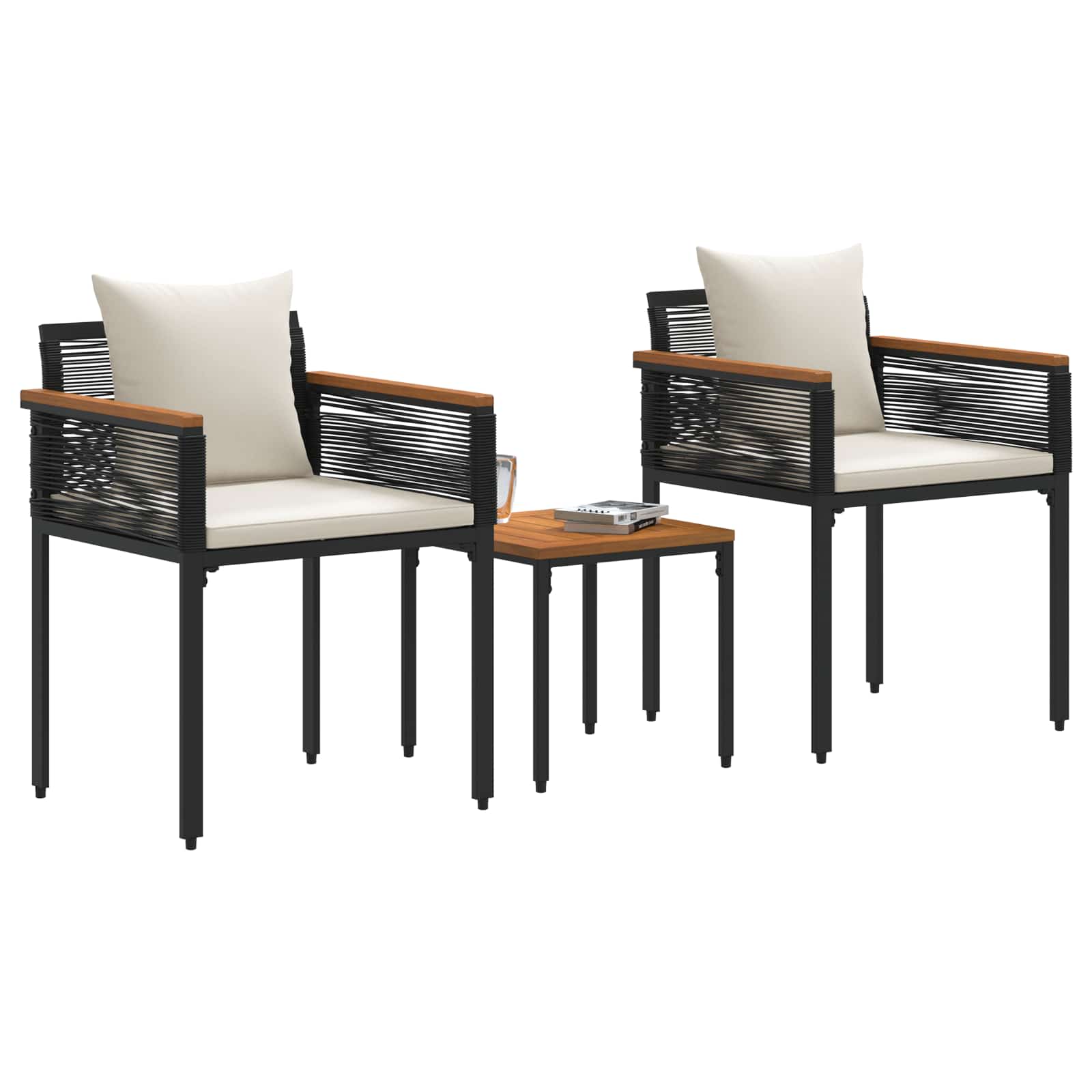 Buitenmeubelset met kussen 3 pcs Zwart en Cream Wit PE Rattan