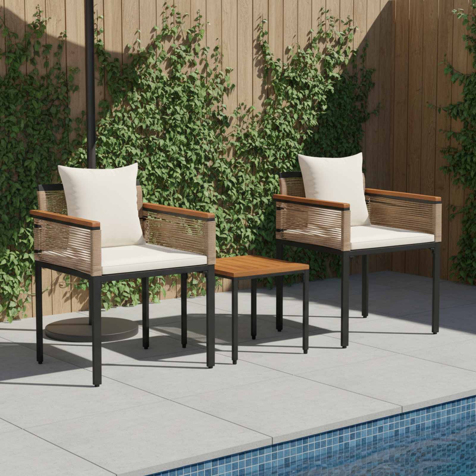 Buitenmeubelset met kussen 3 pcs Beige en Crème Wit PE Rattan