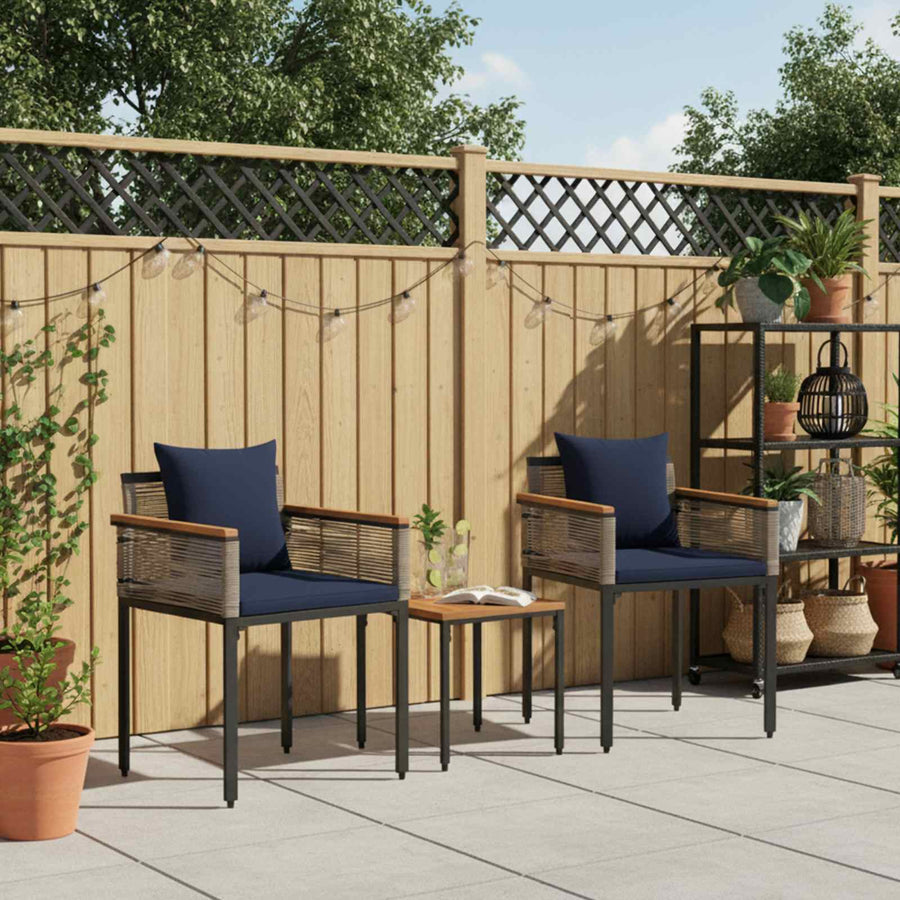 Buitenmeubelset met kussen 3 pcs Grijs en Marineblauw PE Rattan