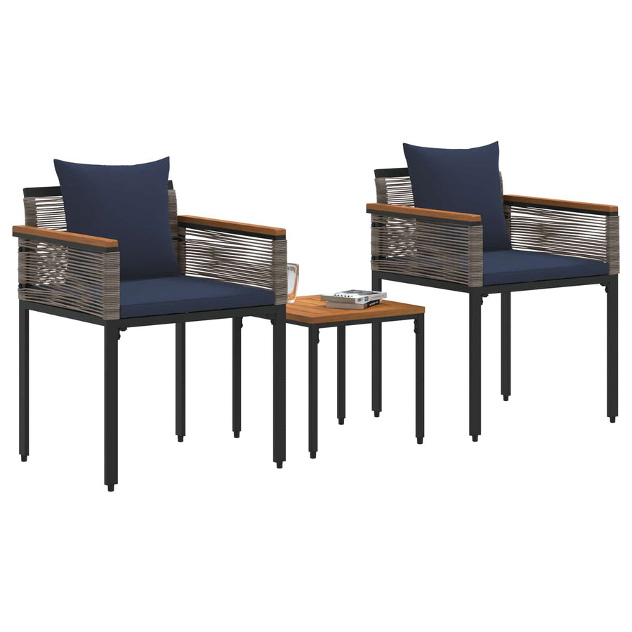 Buitenmeubelset met kussen 3 pcs Grijs en Marineblauw PE Rattan