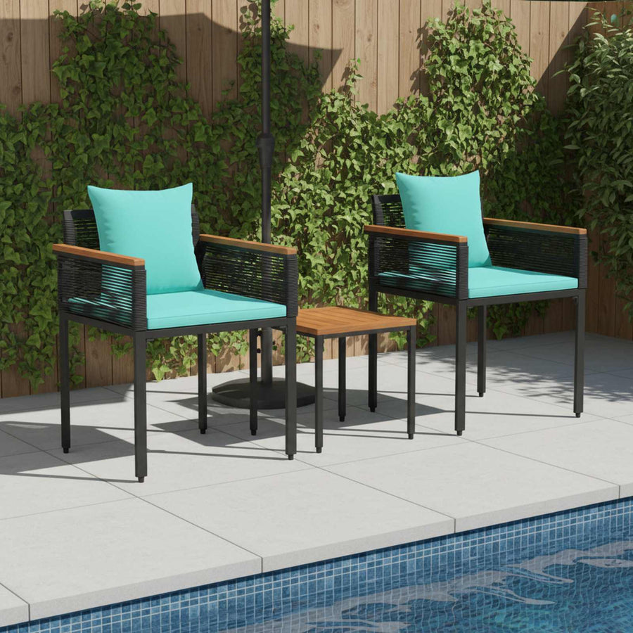 Buitenmeubelset met kussen 3 pcs Zwart en Turquoise PE Rattan