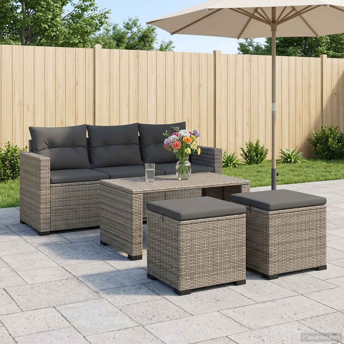 Tuinvoetbank met Kussen 2 stuks Grijs polyrattan