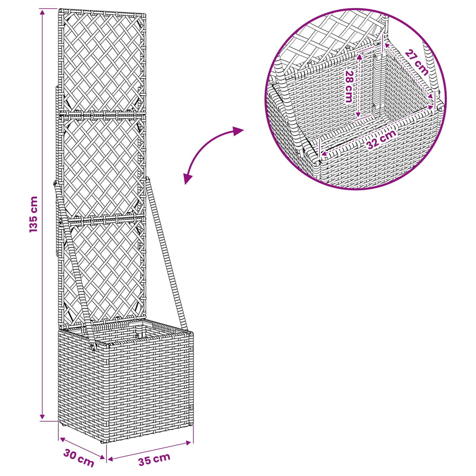 Tuindruppel met Trellis Grijs 35 x 30 x 135 cm poly rattan