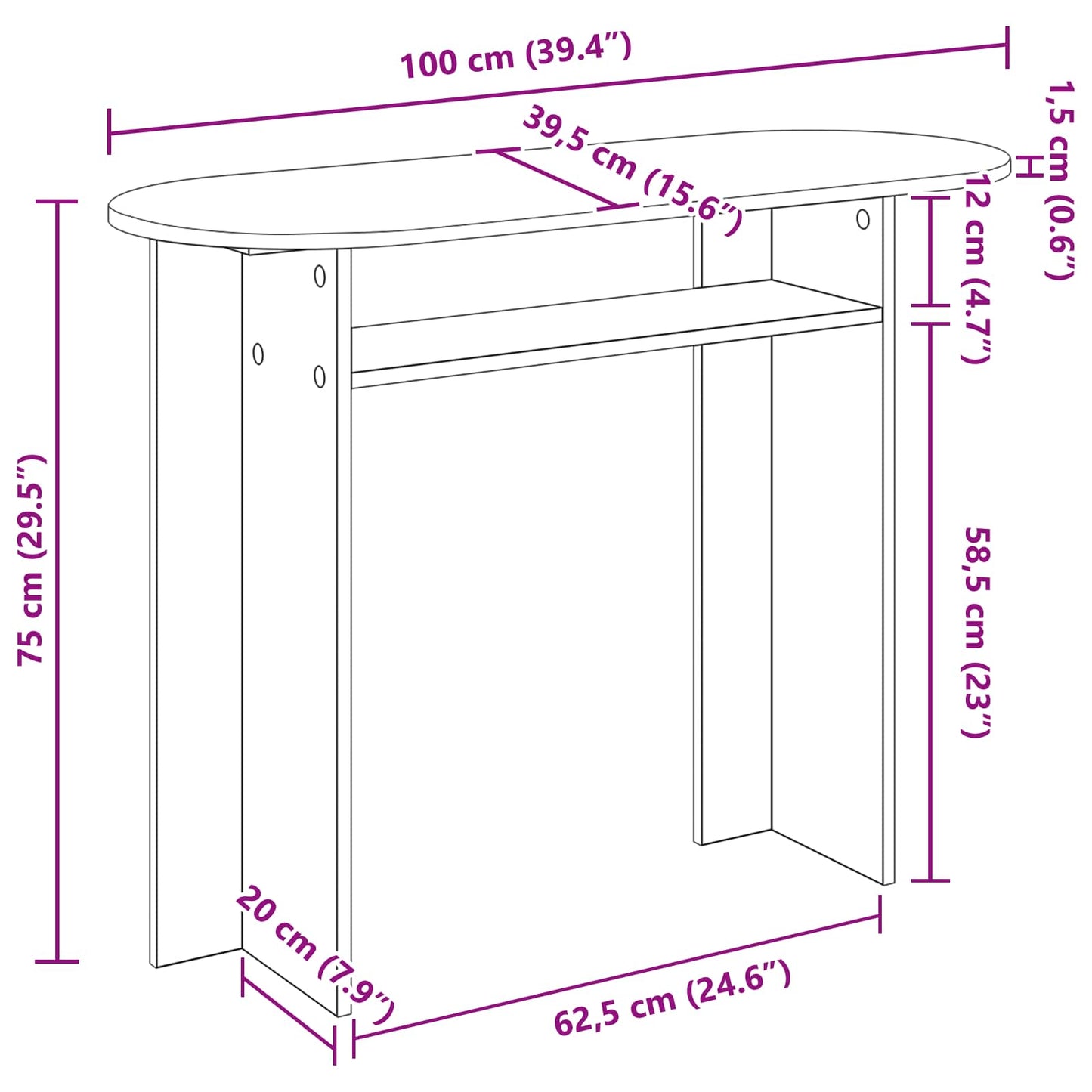Wandtafel Artisanaal eiken 100 x 39,5 x 75 cm Bewerkt hout