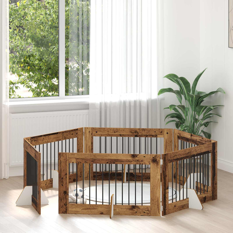 Hondenhekje met standaards 6 pcs Oud hout 100 x 60 cm