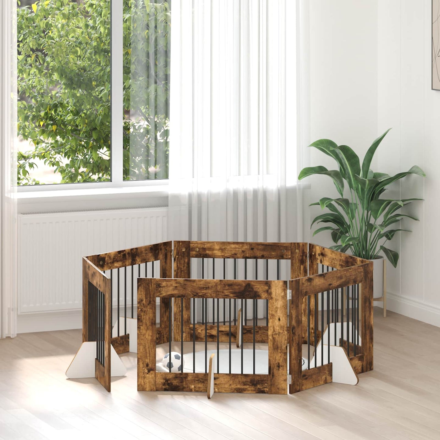 Hondenhekje met standaards 6 pcs Gerookt eiken 80 x 60 cm