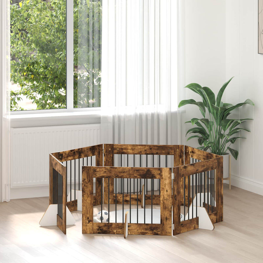 Hondenhekje met standaards 6 pcs Gerookt eiken 80 x 60 cm