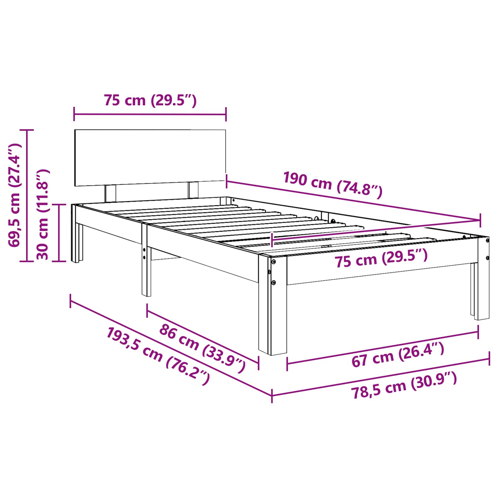 Bedframe met hoofdeinde Wasbruin 70 x 190 cm Massief grenenhout