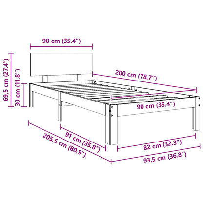 Bedframe met hoofdeinde Wasbruin 90 x 200 cm Massief grenenhout