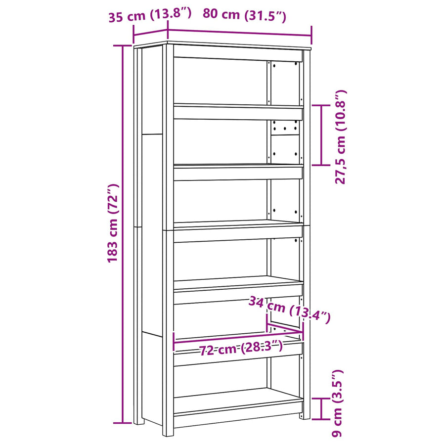 Boekenkast Wasbruin 80 x 35 x 183 cm Massief grenenhout
