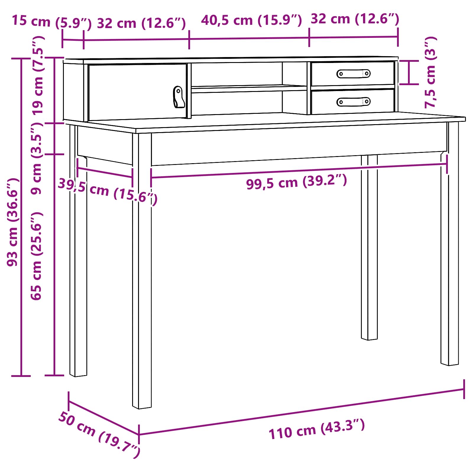 Bureau met lade Wasbruin 110 x 50 x 93 cm Massief Grenen Hout