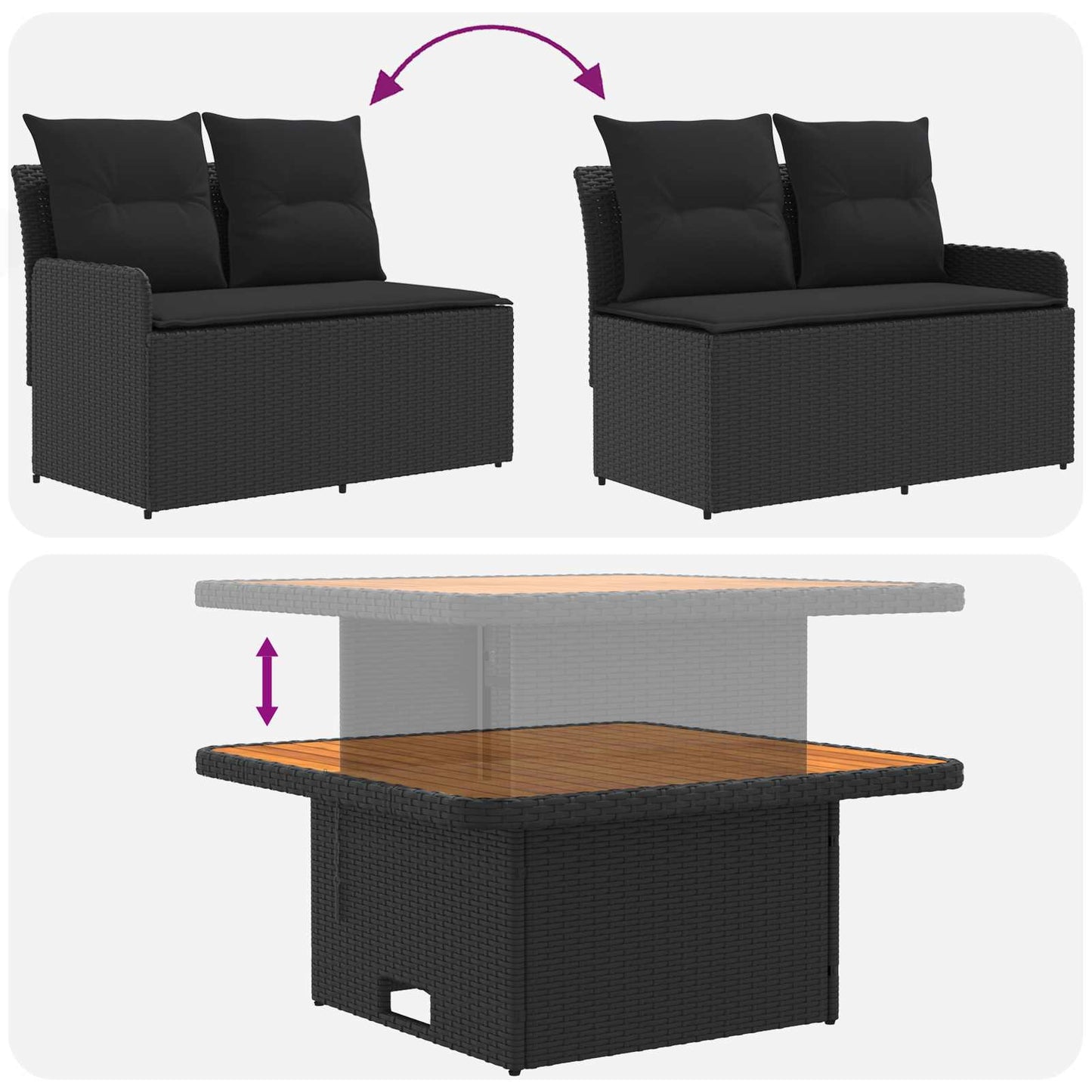 Tuin Armsteun Sofa met Opklaptafel 2 Stuk Zwart PE Rattan