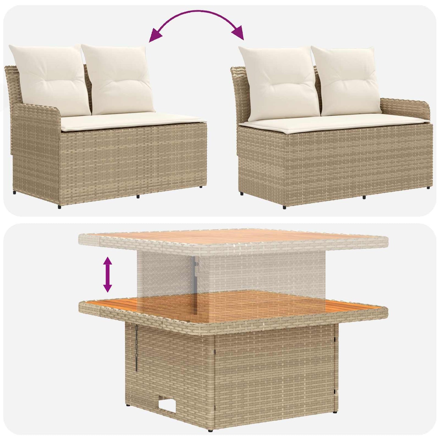 Tuin Armsteun Sofa met Opklaptafel 2 Stuk Beige en Crème