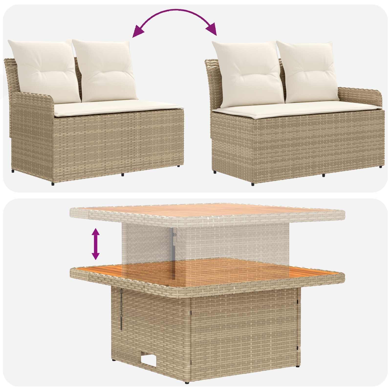 Tuin Armsteun Sofa met Opklaptafel 2 Stuk Beige en Crème