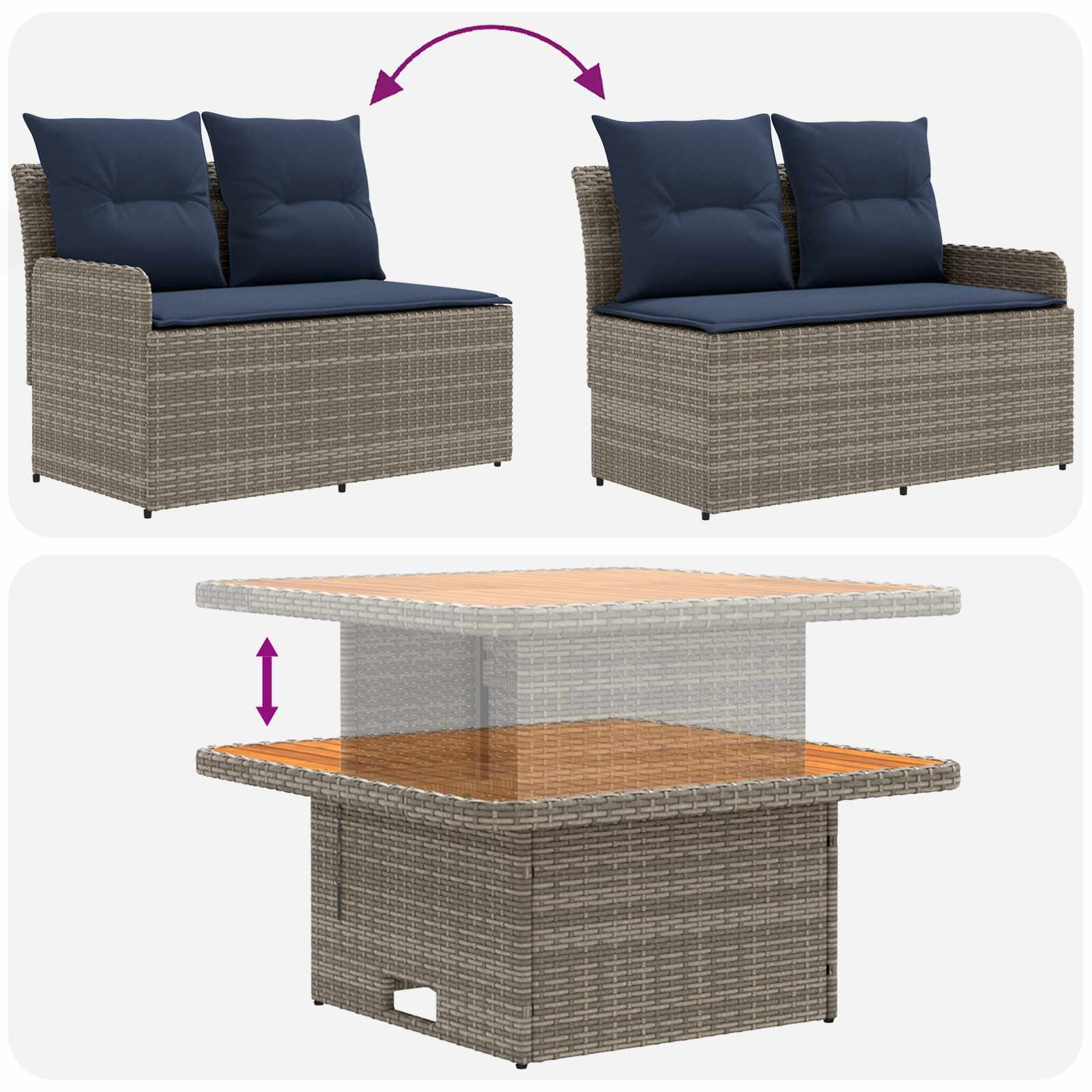 Tuin Armsteun Sofa met Opklaptafel 2 Stuk Grijs en Marineblauw