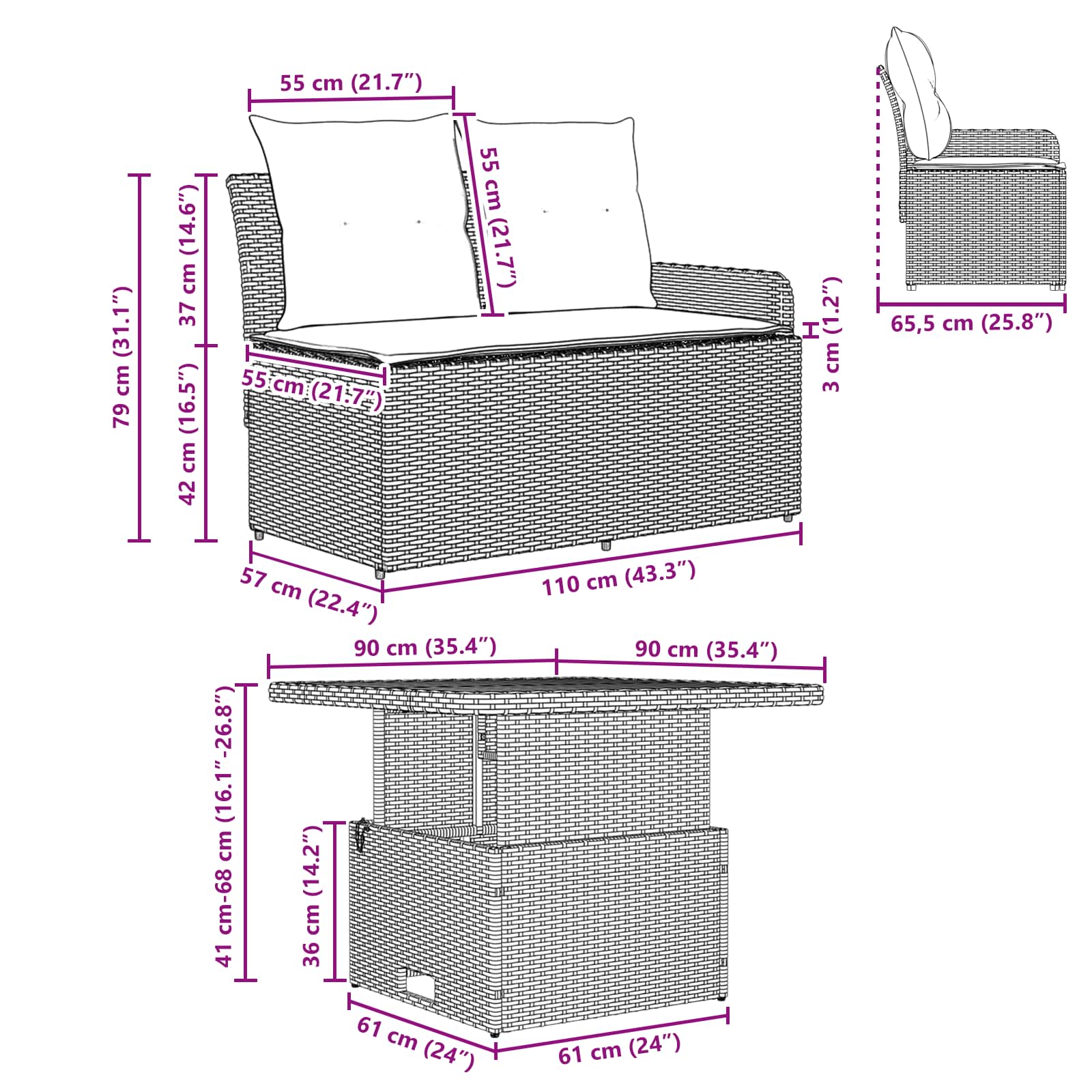 Tuin Armsteun Sofa met Opklaptafel 2 Stuk Zwart en Turquoise