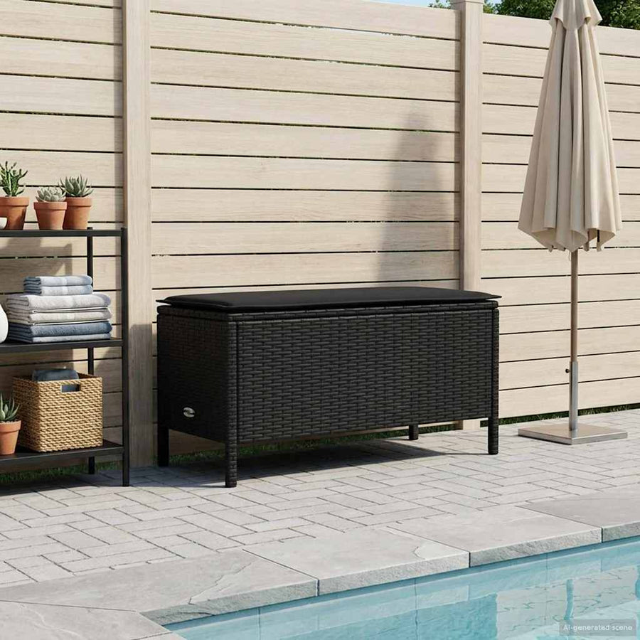 Tuinvoetenbank met kussen Zwart 80 x 38 x 45 cm PE Rattan