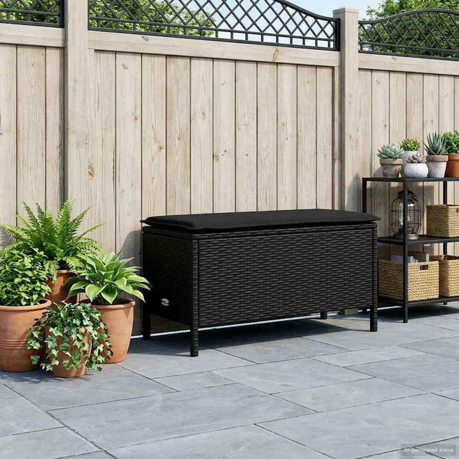 Tuinvoetenbank met kussen Zwart 80 x 38 x 45 cm PE Rattan
