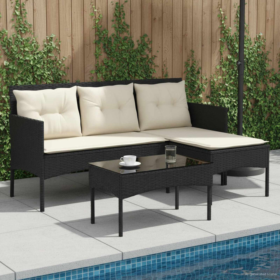 Tuinbankenset met kussen 2 pcs Zwart en Crème poly rattan