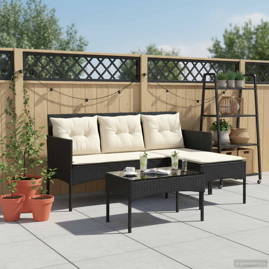 Tuinbankenset met kussen 2 pcs Zwart en Crème poly rattan