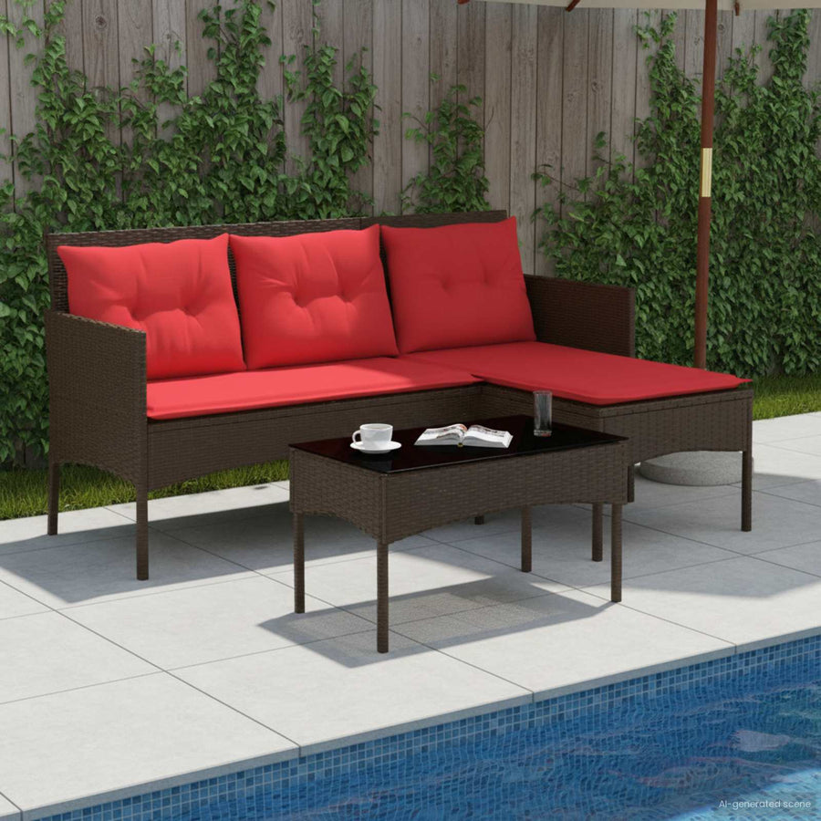 Tuinbankenset met kussen 2 pcs Bruin en Rood poly rattan
