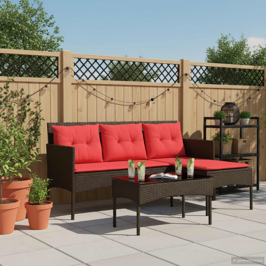 Tuinbankenset met kussen 2 pcs Bruin en Rood poly rattan