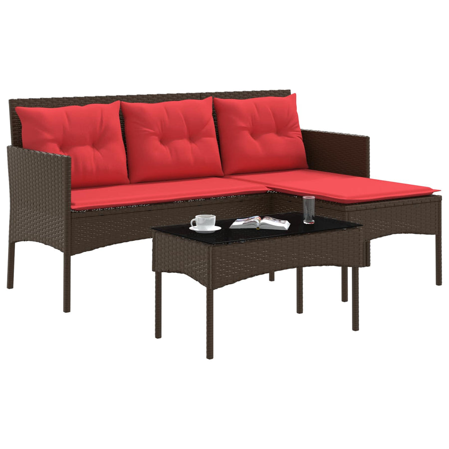 Tuinbankenset met kussen 2 pcs Bruin en Rood poly rattan