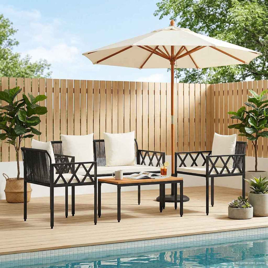 tuinmeubelset 4 pcs Zwart en Cream Wit poly rattan