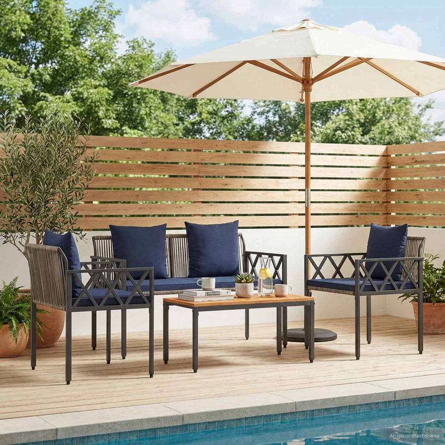 tuinmeubelset 4 pcs Grijs en Marineblauw poly rattan