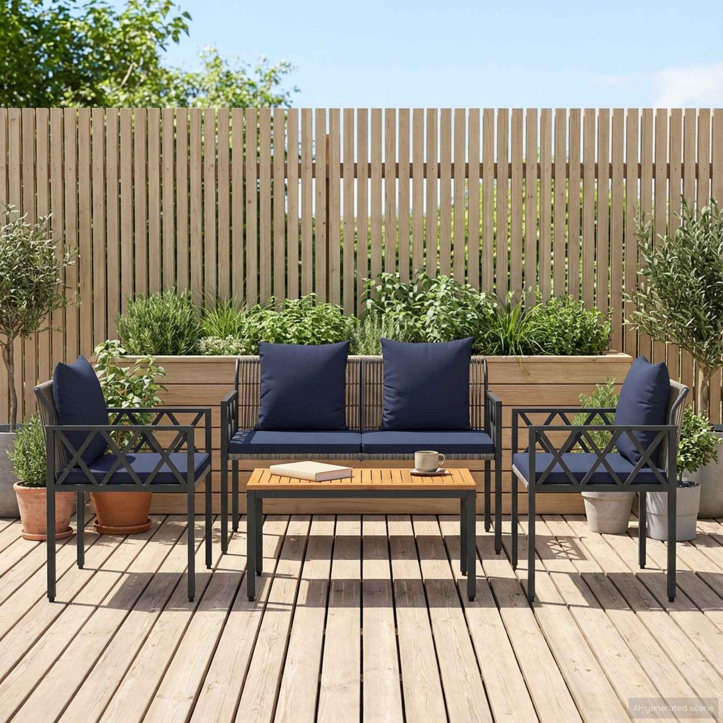 tuinmeubelset 4 pcs Grijs en Marineblauw poly rattan